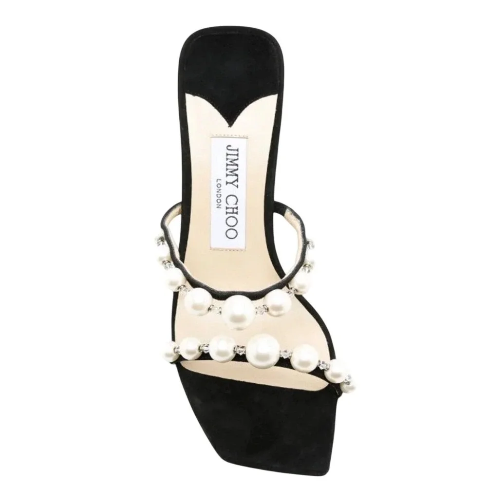 Jimmy Choo Sandals Amara 85 Black Suede Pearl  Block Heel‎ Size 40/US 10